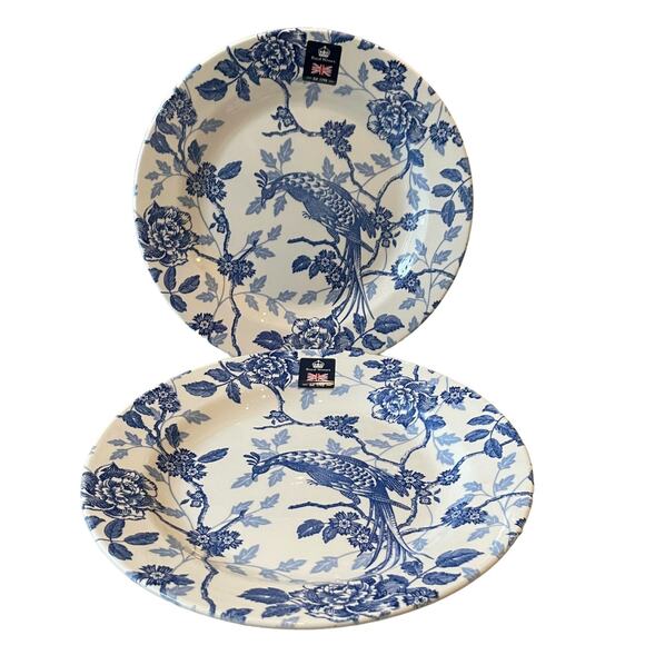 ROYAL WESSEX KUJAKU Bird 10.5” Dinner Plates Set of 2 Blue & White Pheasant NEW - Picture 2 of 8